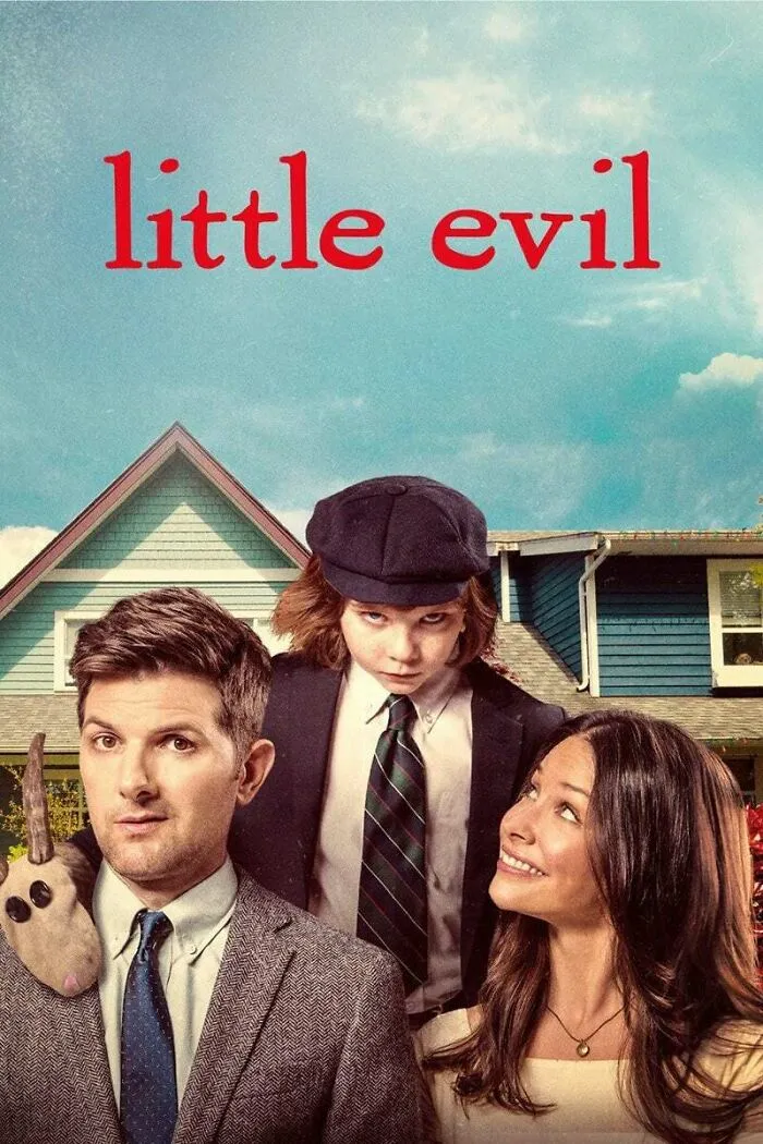 Promotional poster featuring three characters from a horror comedy film standing in front of a suburban house.