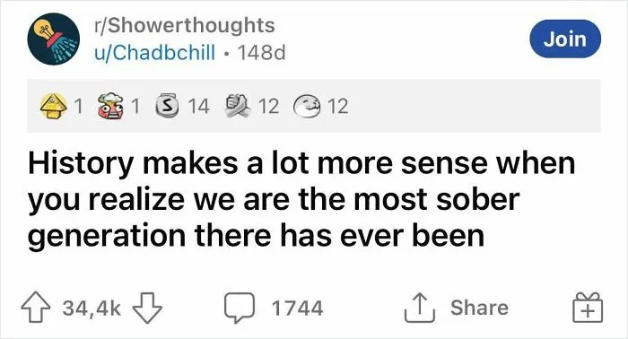 Reddit post from Showerthoughts: Realization about our generation being the most sober in history, with high engagement.