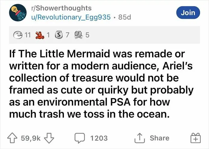 Showerthought about The Little Mermaid reimagined as an environmental PSA on ocean trash, shared by an online community.