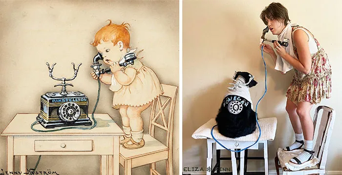 Niña escuchando en un auricular telefónico, S.d. de Jenny Nyström vs. La casi pequeña chica escuchando al teléfono, 2021