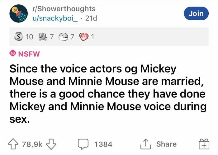 Text post about a humorous shower realization involving voice actors of Mickey and Minnie Mouse.