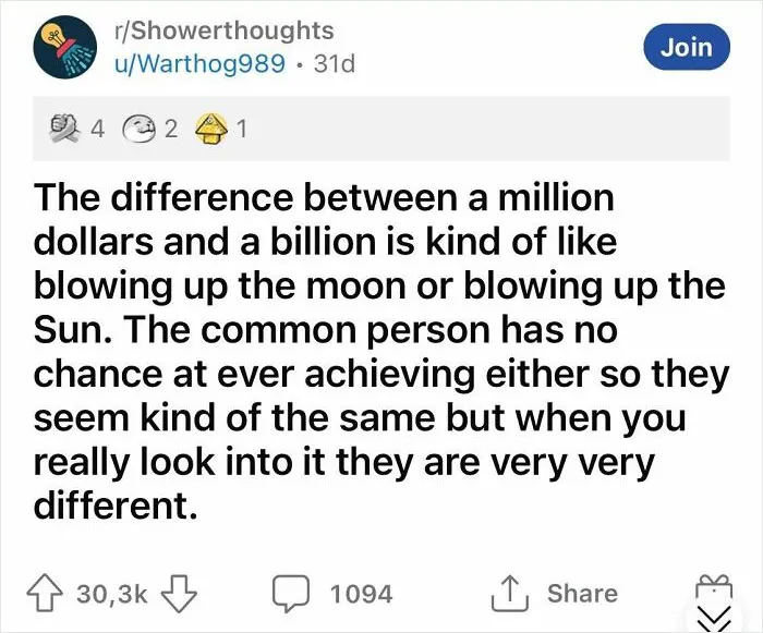 Shower thought comparing the vast difference between a million and a billion to blowing up the moon or the Sun.