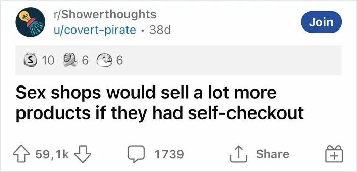 Reddit post from r/Showerthoughts about sex shops benefiting from self-checkout.