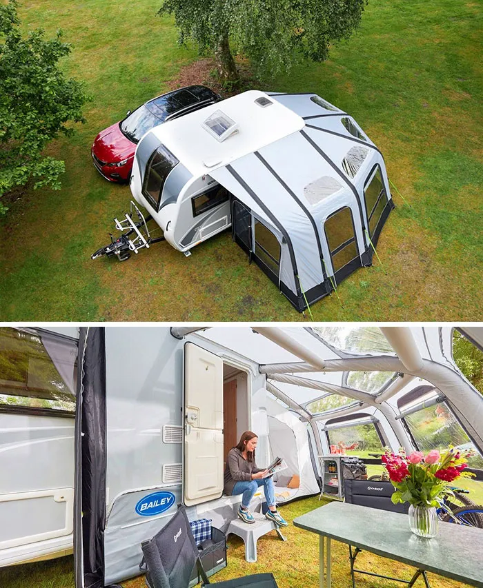 Esta caravana viene con un toldo inflable que mantiene alejados a los bichos