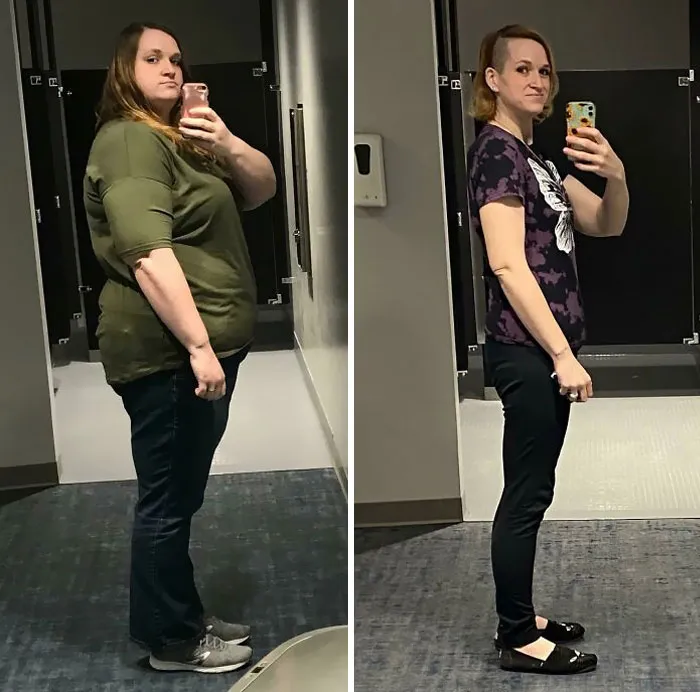 De 167 kilos a 77 kilos. Mismo baño, diferente chica