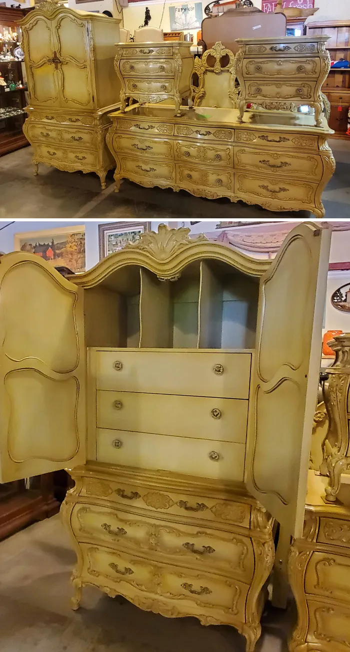 ¡Encontré este hermoso juego de dormitorio en una tienda de antigüedades local! ¡Viene con el marco de la cama y un espejo también. Me recuerda a la Bella y la Bestia!