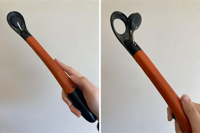 Found This Plastic Device Buried In The Garage. About 13 Inches Long, And When You Pull Back The Trigger Where Your Hand Goes It Lifts The Little Knob On The End Upwards. The Bottom Side Of The Knob Has Velcro On It