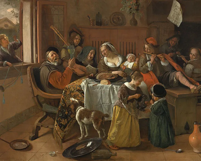 Old-school painting of a mess in a house  