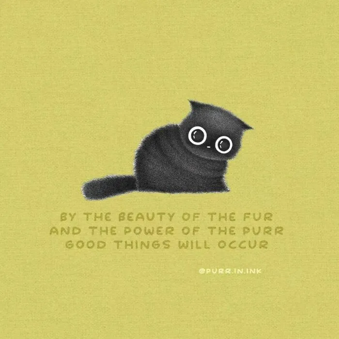 Wholesome illustration of a cute black cat with the text By the beauty of the fur and the power of the purr good things will occur.