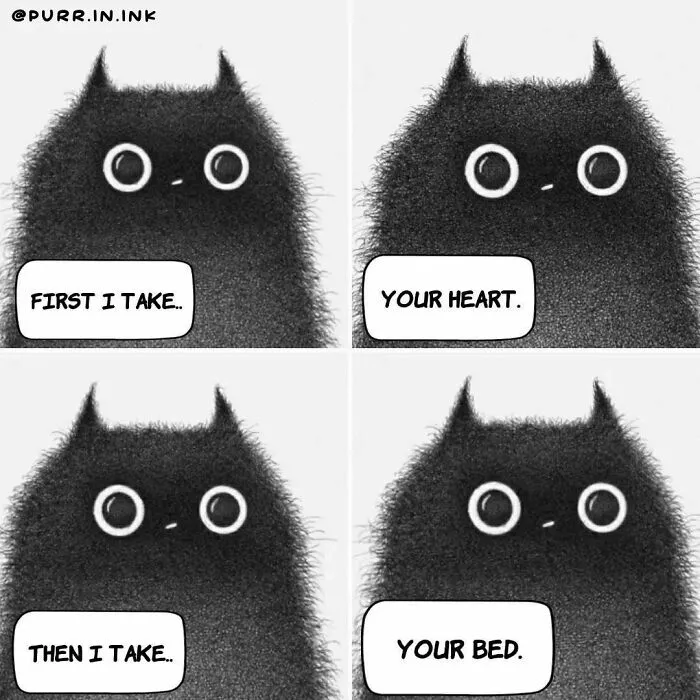 A wholesome illustration of a fluffy black cat asserting dominance over a heart and a bed, showcasing cat behavior.