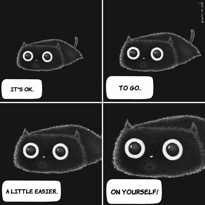 A wholesome illustration of a small black cat with text encouraging self-compassion, reflecting cat emotions.