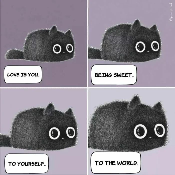A wholesome illustration of a black cat with text defining love as sweetness to oneself and the world, showcasing cat love.