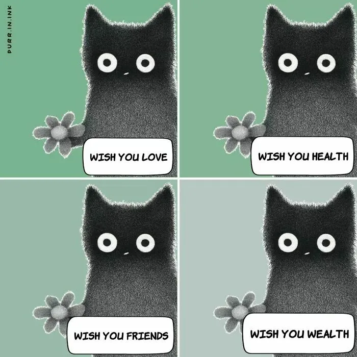 Wholesome illustration of a cat holding a flower, wishing love, health, friends, and wealth.