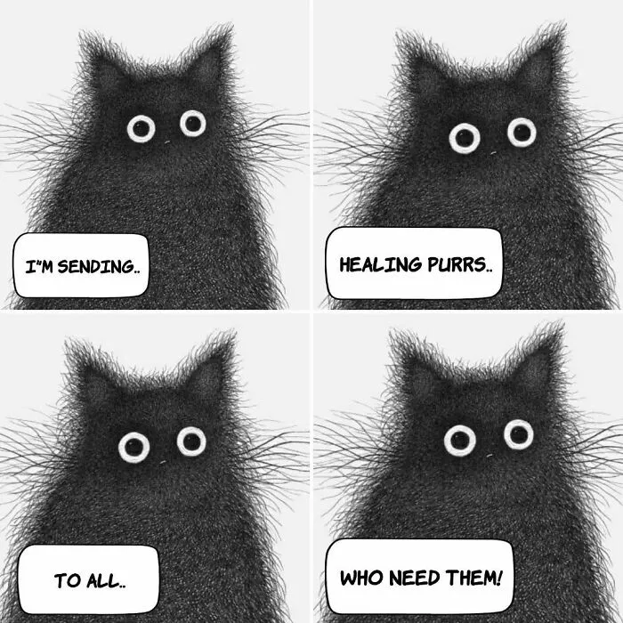 Wholesome illustration about cats: a fluffy black cat sending healing purrs, with text bubbles saying, I'm sending, Healing purrs, To all, Who need them!