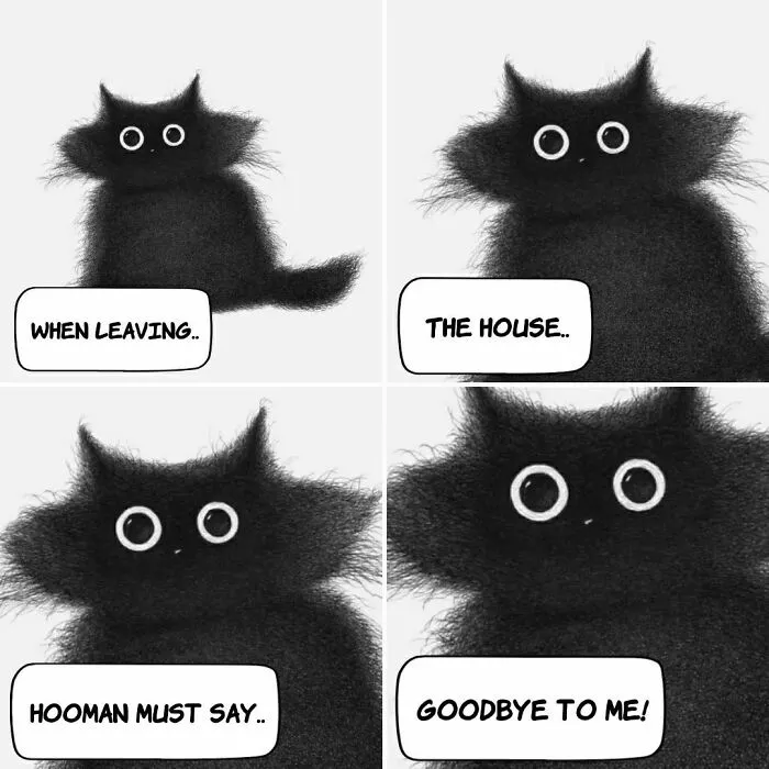 Wholesome illustrations of a fluffy black cat demanding a goodbye when its owner leaves the house.