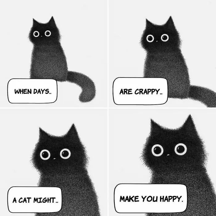 Wholesome illustrations of a fluffy black cat offering happiness when days are crappy.