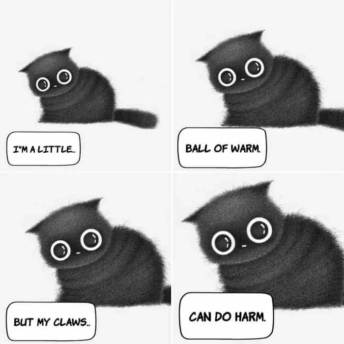 Wholesome illustration of a black cat in four panels, saying I'm a little ball of warm, but my claws can do harm.