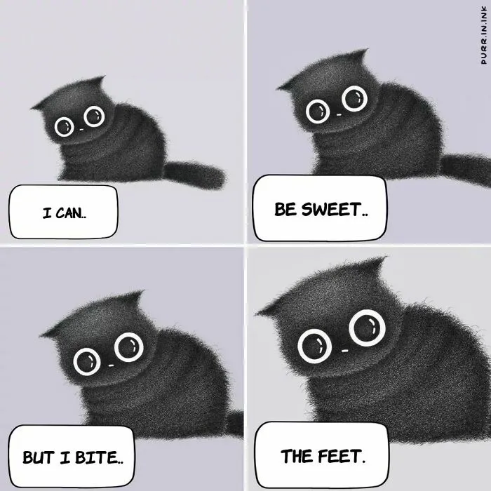 Wholesome illustration about cats: A cute black cat stating it can be sweet, but also bites feet.
