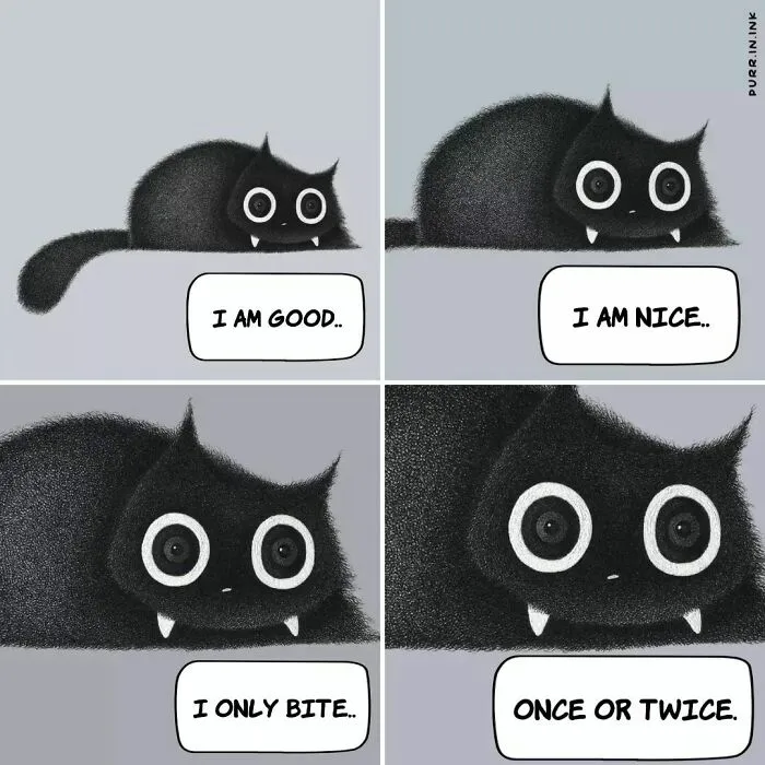 Wholesome illustration of a black cat comic saying I am good, nice, and only bite once or twice. Humorous cats.