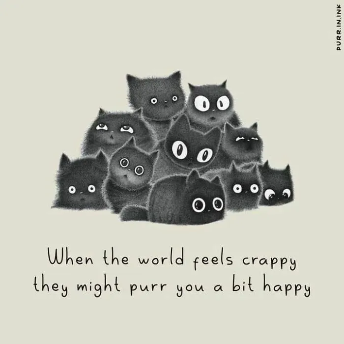 An illustration showing a pile of fluffy black cats with big eyes. Wholesome illustrations of cats.