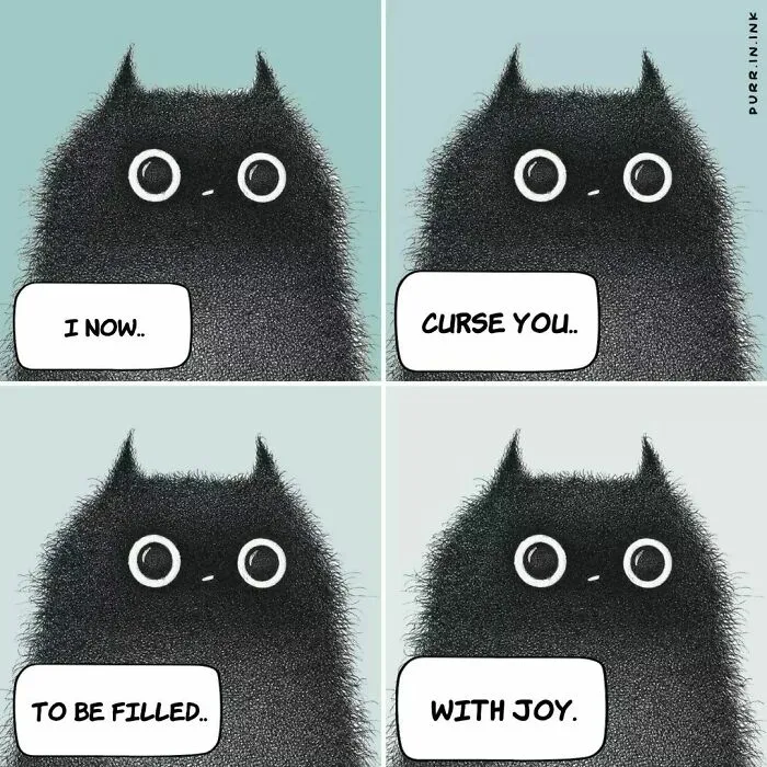 Wholesome illustration of a fluffy black cat expressing a wish to curse its owner with joy.