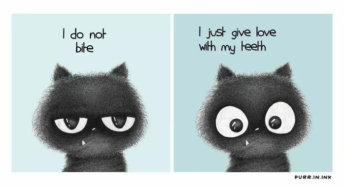 Wholesome illustration of a black cat asserting it doesnt bite, but gives love with its teeth.