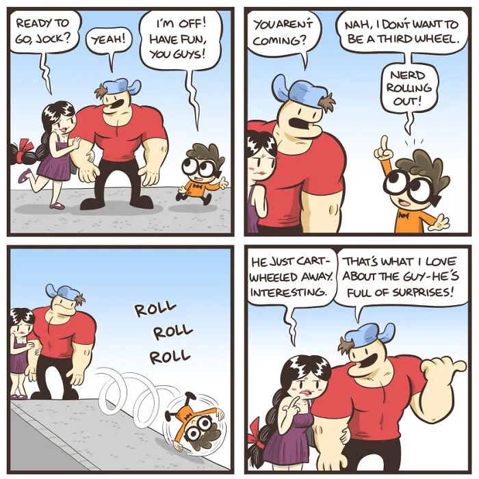 Here Are 30 Unexpectedly Brilliant Comics About An Unlikely Duo Of A Nerd And A Jock By This Artist