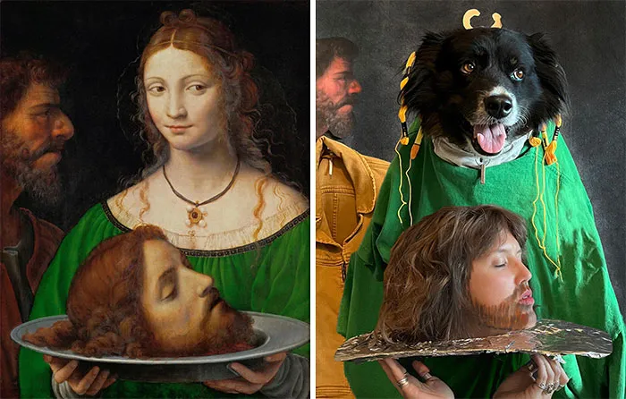 Salomé con la cabeza de San Juan Bautista, primera mitad del siglo XVI de Bernardino Luini, frente a Safinn con la cabeza de Santa Elisa Bautista, 2022
