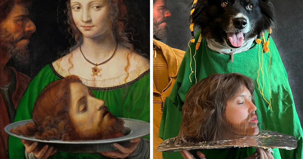 Esta artista comenzó a recrear pinturas famosas junto a su perro durante la cuarentena, y siguen tras 2 años