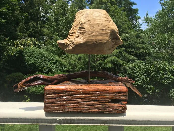 Sculpture. My Friend Made It Out Of A Beaver Ball, Driftwood, A Wooden Block, & A Metal Toilet Float Rod