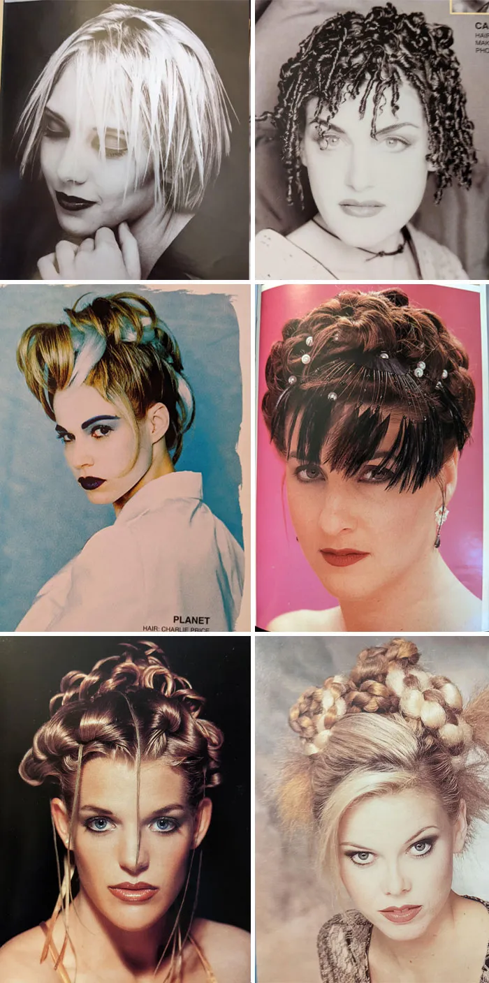 Collection of six unique and extreme hairstyles, showcasing the worst hairstyles with bold cuts and creative designs.