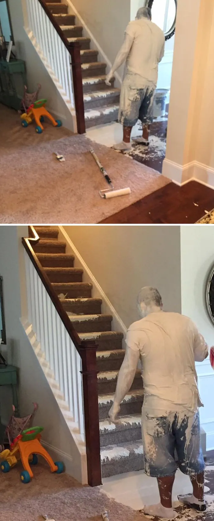 We Just Moved Into A Brand New House, Painters Came By To Touch Up Some Walls Upstairs. This Poor Guy Fell Down The Whole Staircase With A Full 5 Gallon Bucket Of Paint