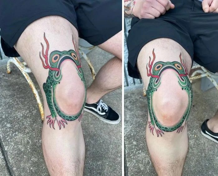 Otro tatuaje genial en una rodilla. Hace “croac croac” cuando se mueve