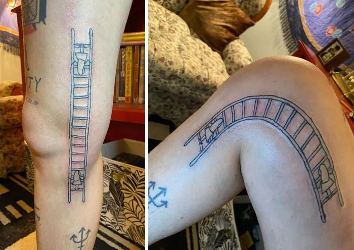 Dos chicas en una escalera. Se miran cuando doblo la rodilla
