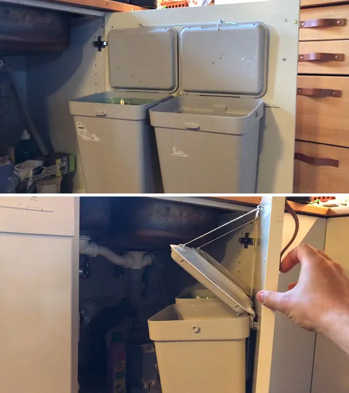 IKEA Waste Buckets, Attached To Door With Pulley System For The Lids