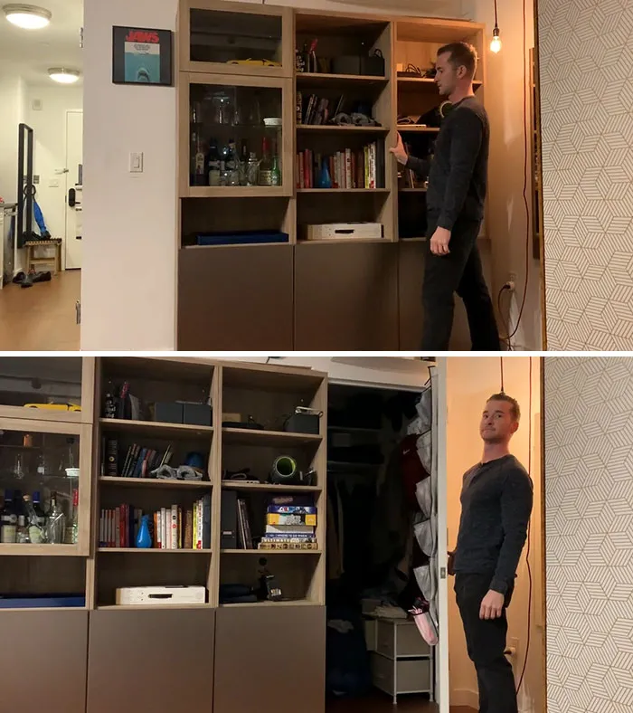 I Built A Sliding Bookcase Out Of 3 IKEA Besta Bookshelves With 6 Casters Screwed To A Large Bottom Plate