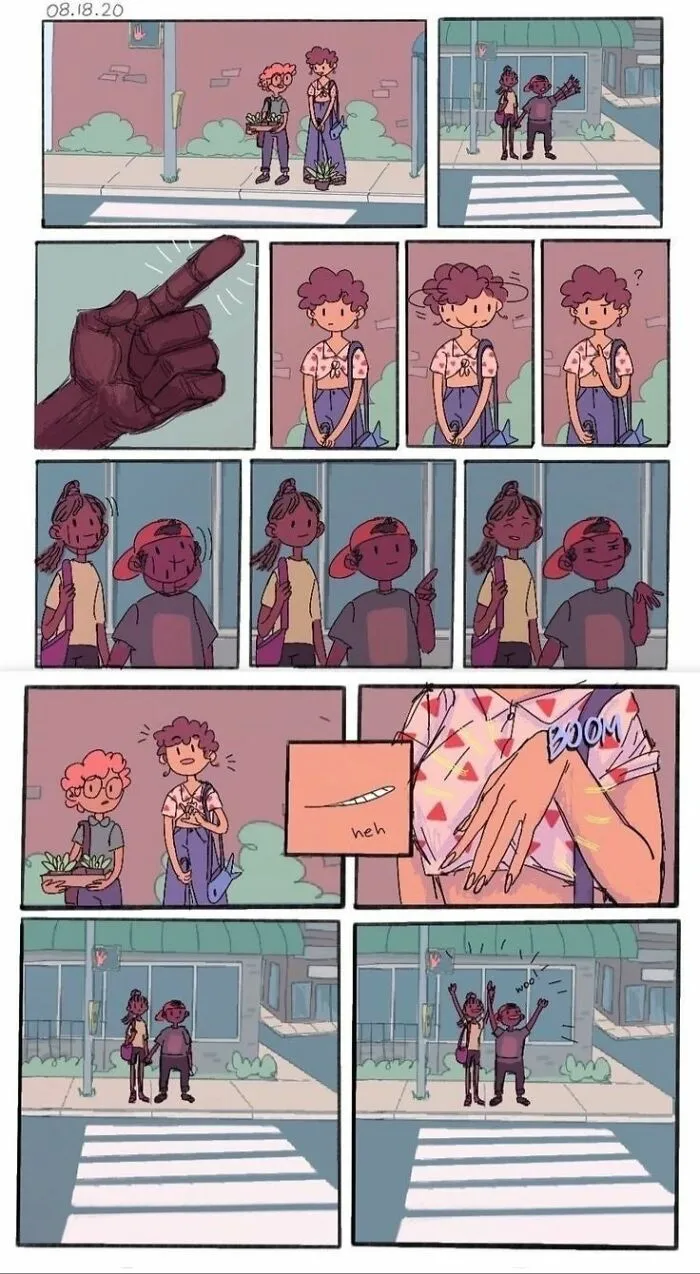 Comic featuring an LGBTQ+ joke with characters crossing a street celebrating a hidden punchline.