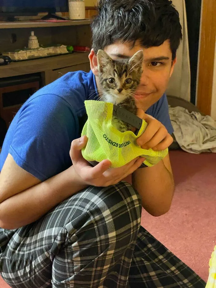 Su nombre es George, mi madre lo rescató de los arbustos al lado del banco