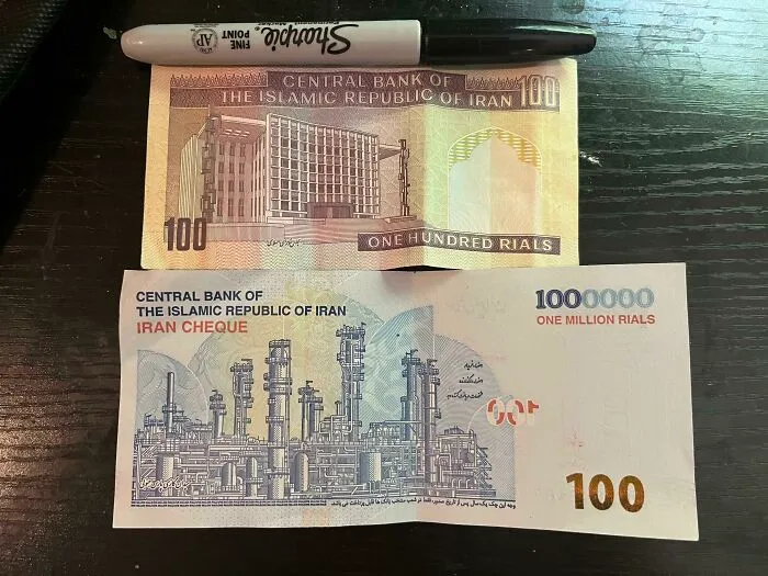 Old Iranian 100 Rial Bill Now Worthless vs. 1 Million Rial Bill Now Worth About $3.33. Inflation Is Crazy