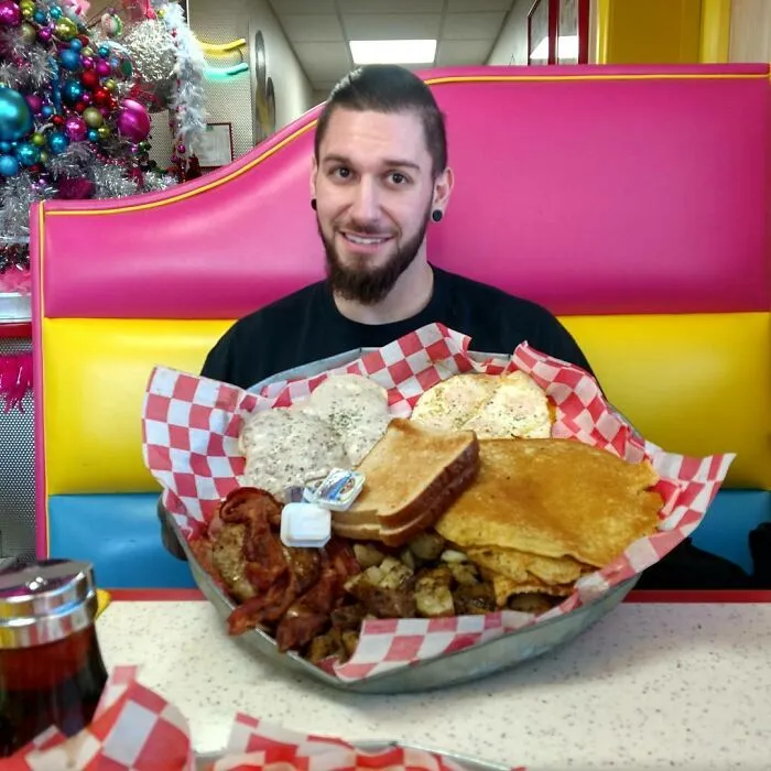 From A Local Restauraunt. A Massive Breakfast Challenge On A Garbage Can Lid