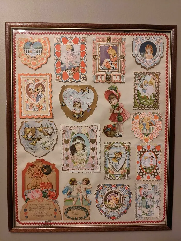 Mi abuela conservó y enmarcó las tarjetas de San Valentín que recibió en segundo grado, alrededor de 1924