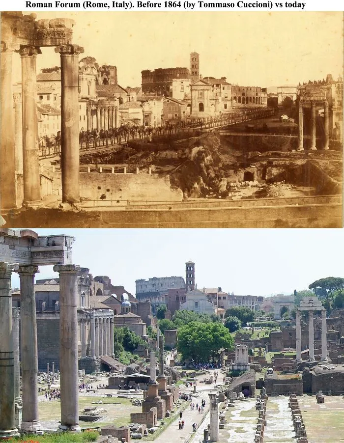 Roman Forum (Rome, Italy) Before 1864 vs. Today