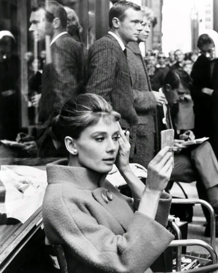 Audrey Hepburn Touching Up Her Makeup On The Set Of Breakfast At Tiffany’s, 1961