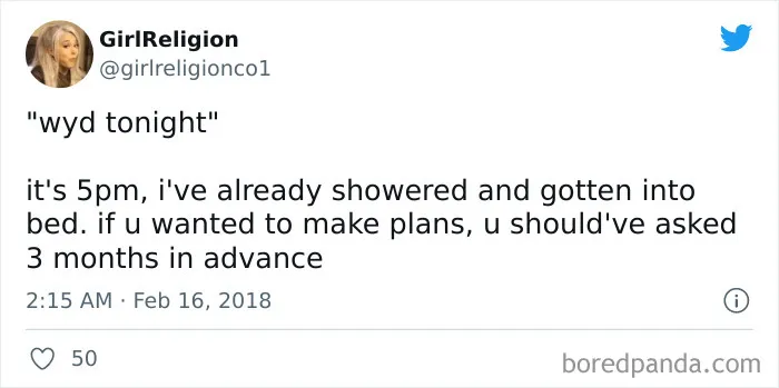 Tweet from Introvert Nation Instagram meme page about preferring early plans over last-minute invitations at 5pm.