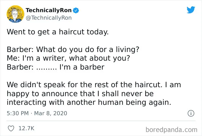 Tweet from Introvert Nation meme about awkward silence during a haircut, highlighting introvert humor and relatable social interaction.