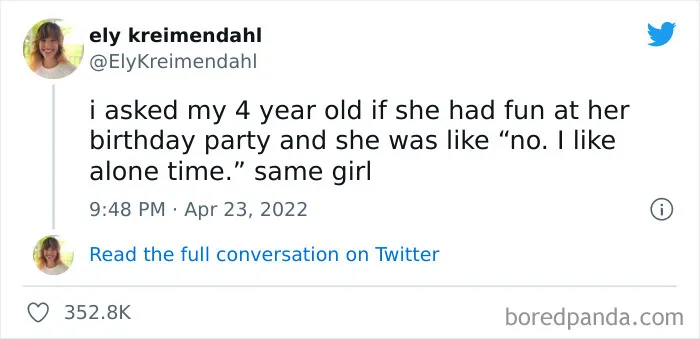 Tweet about a 4-year-old preferring alone time over birthday party fun, reflecting introvert nation humor and relatable memes.