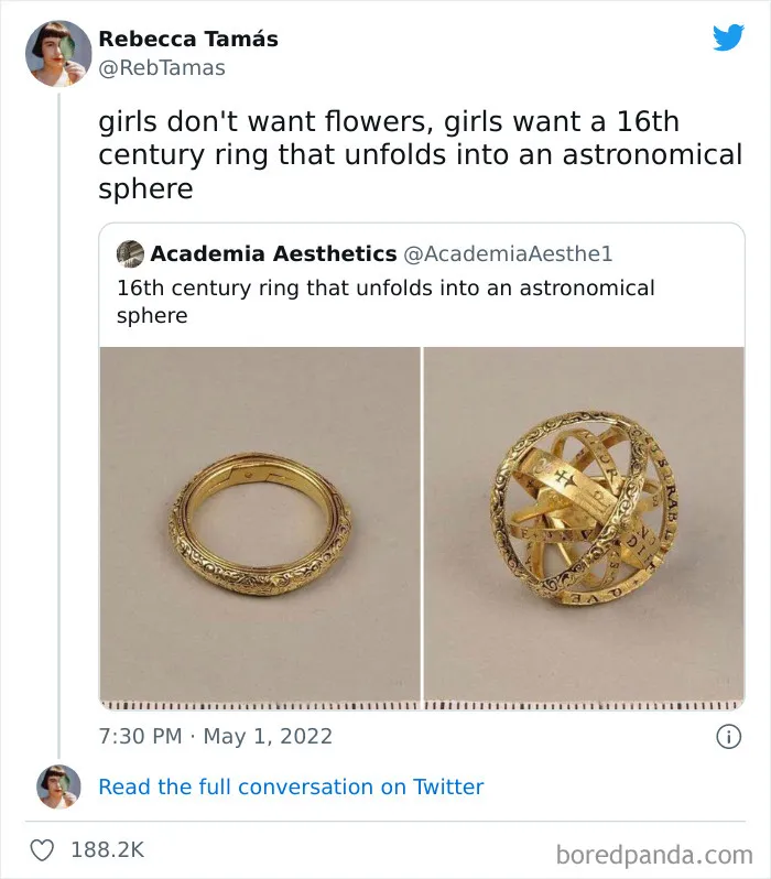 Tweet from Introvert Nation showing a humorous conversation about a 16th century ring that unfolds into an astronomical sphere.