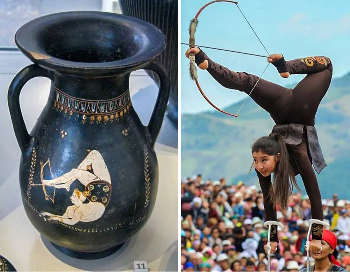 La primera imagen muestra un antiguo jarrón griego con una mujer acróbata disparando una flecha con los pies. El objeto es del siglo IV a.C. La segunda imagen muestra a una arquera acróbata en los Juegos Nómades Mundiales de 2016 que se realizó en Kirguistán
