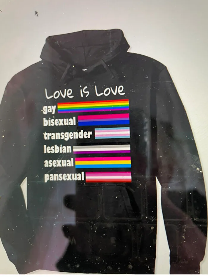 Black hoodie with LGBTQ+ pride flags labeled: gay, bisexual, transgender, lesbian, asexual, pansexual, and "Love is Love" text.