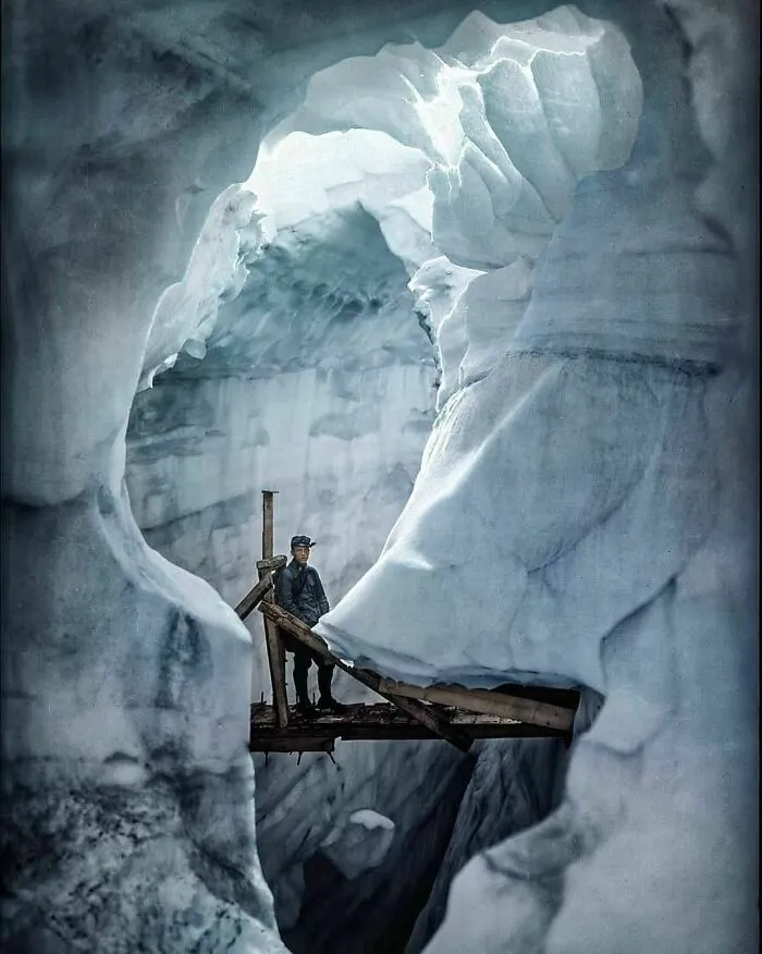 A Young Soldier Of The Austro-Hungarian Army Standing On The Bridge Of Sighs, A Bridge Connecting Tunnels Inside The Marmolada Glacier. Photograph Taken On The 25 September 1917